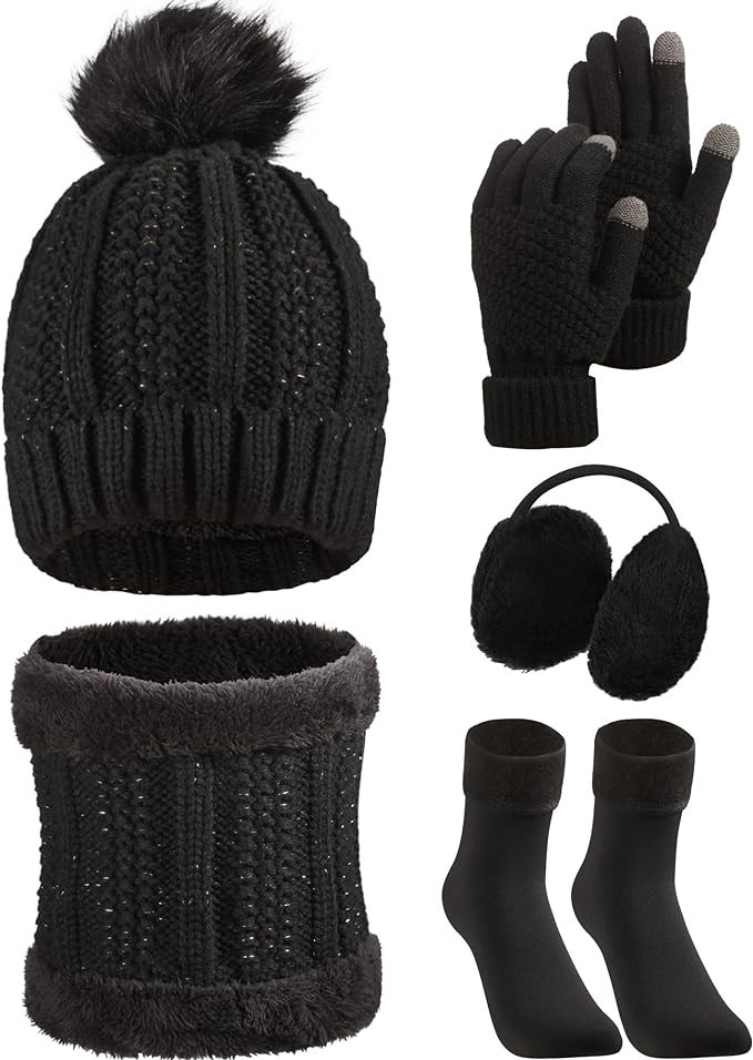 SATINIOR 5 Pcs Winter Hat Scarf Gloves Set Knit Beanie Pompom Hat Warm Touch Screen Gloves Earmuf... | Amazon (US)