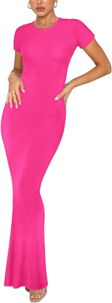 Women's Summer Casual Lounge Long Dress Elegant Short Sleeve Crew Neck Bodycon Maxi Dresses | Amazon (US)
