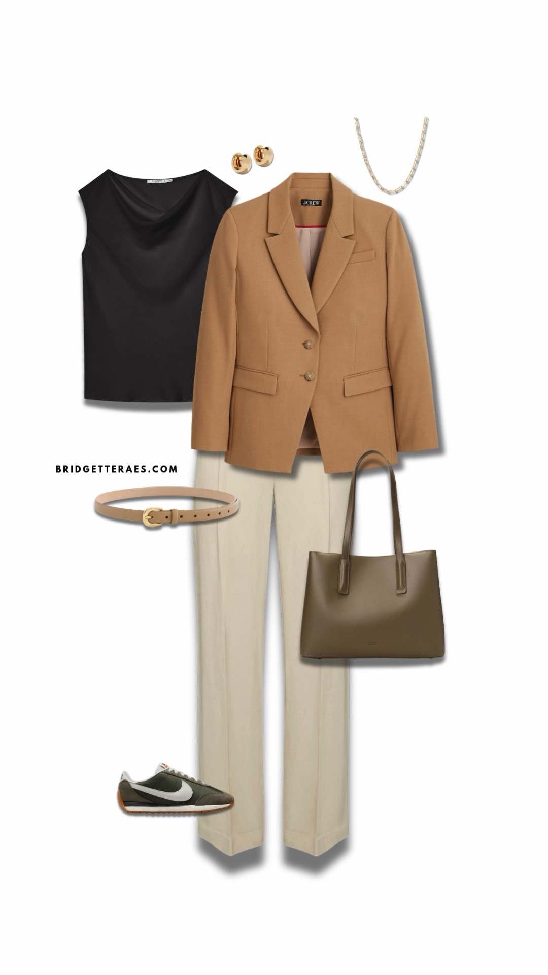 This look is the definition of effortless polish—where classic tailoring meets modern ease. A structured camel blazer instantly elevates the sleek black draped top, creating a refined contrast that feels both sharp and understated. Soft ivory trousers lighten the palette and add a relaxed sophistication, while tonal accessories keep everything cohesive and elevated. The neutral tote and minimal gold jewelry add quiet luxury, and the sporty sneakers bring in that perfect off-duty balance. It’s a go-to formula for looking put-together without trying too hard—clean, confident, and endlessly versatile.

#LTKootd #LTKWorkwear #LTKgrwm