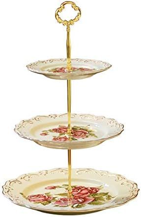 YOLIFE Porcelain 3 Tier Cake Stand, Afternoon Tea Service Cupcake Tray, Vintage Pink Rose Emboss Gol | Amazon (UK)