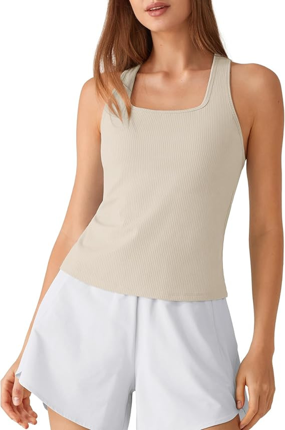 G4Free Ribbed Removable Built in Bra Workout Tank Tops Woman Racerback Square Neck Yoga Top Light... | Amazon (US)