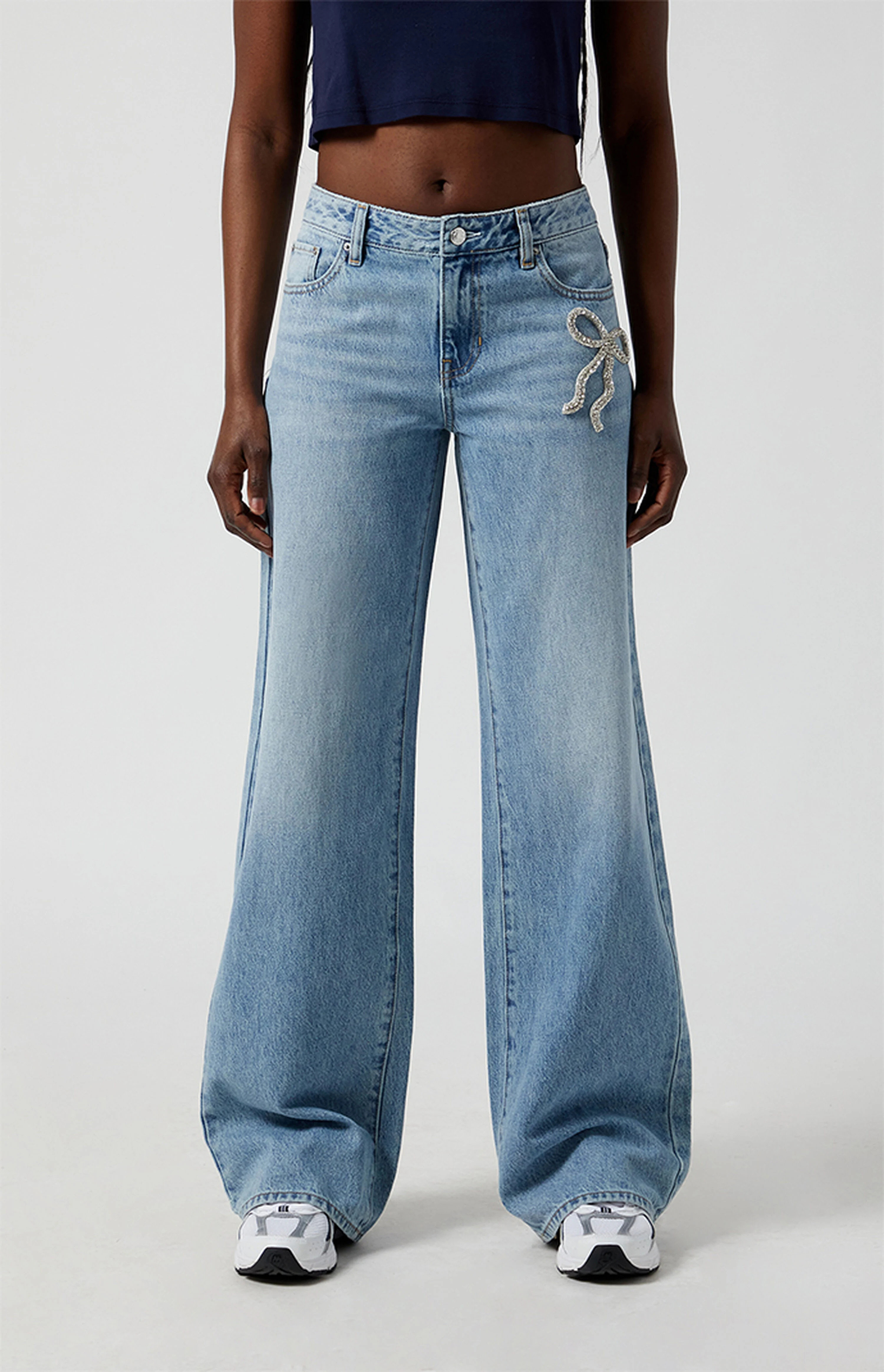 PacSun Casey Rhinestone Bow Low Rise Baggy Jeans Light Indigo | PacSun