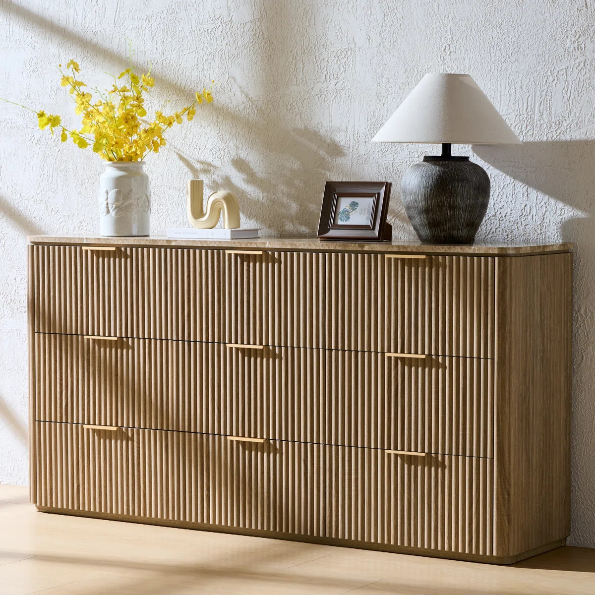 63" W Fluted 9-drawer Dresser, 1.97"-Thick Panels Wood Chest  with Faux Marble Top and Sturdy Bas... | Wayfair North America