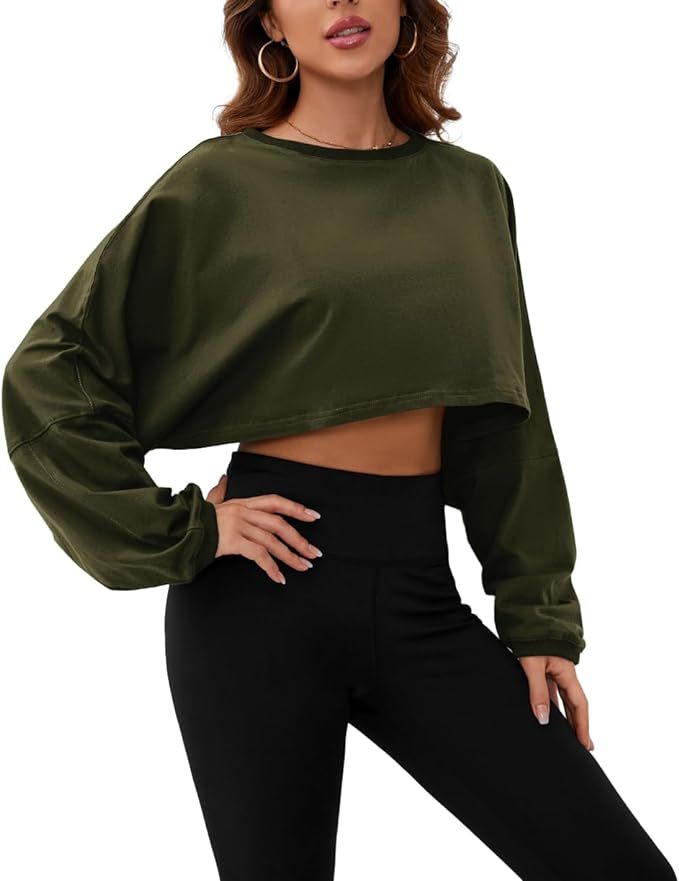 MISSACTIVER Women’s Vintage Oversized Long Sleeve Crop T-Shirt Loose Fit Drop Shoulder Crew Nec... | Amazon (US)