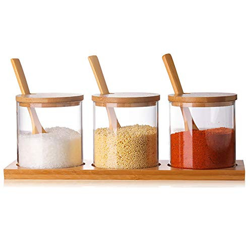 Amazon.com | Condiment Container Seasoning Box Set Glass Condiment Canisters Pots with Bamboo Spo... | Amazon (US)