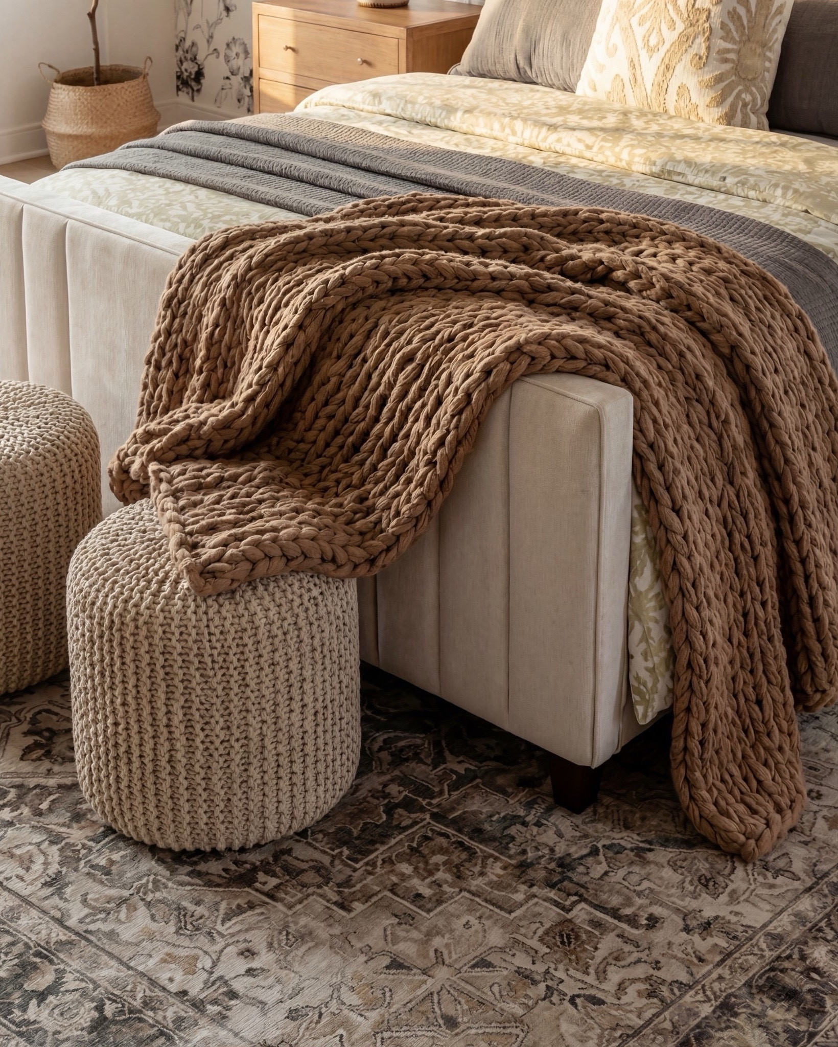 Shop the look:
• Upholstered channel-tufted bed — ivory/cream
• Chunky knit throw — warm chestnut brown
• Decorative pillows — muted sage, oatmeal, charcoal
• Light oak nightstands — natural finish
• Ceramic table lamps — soft cream
• Woven ottomans — natural jute
• Patterned area rug — taupe, sand, charcoal
• Accent chair — cream upholstery with warm wood frame
• Botanical wall art — black frames
• Floral wallpaper — charcoal sketch on ivory background

#LTKhome #LTKsale #LTKstyletip