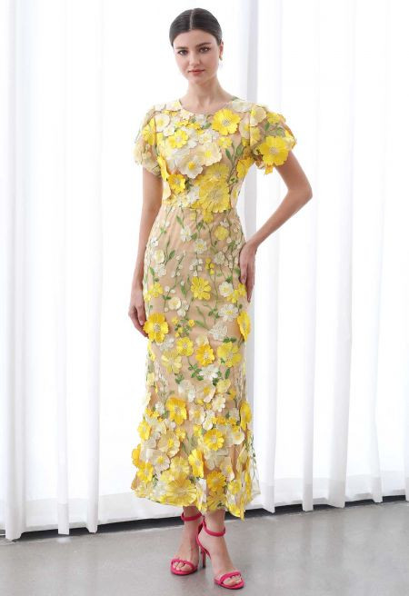 3D Floral Applique Mesh Tulle Mermaid Maxi Dress in Yellow | Chicwish