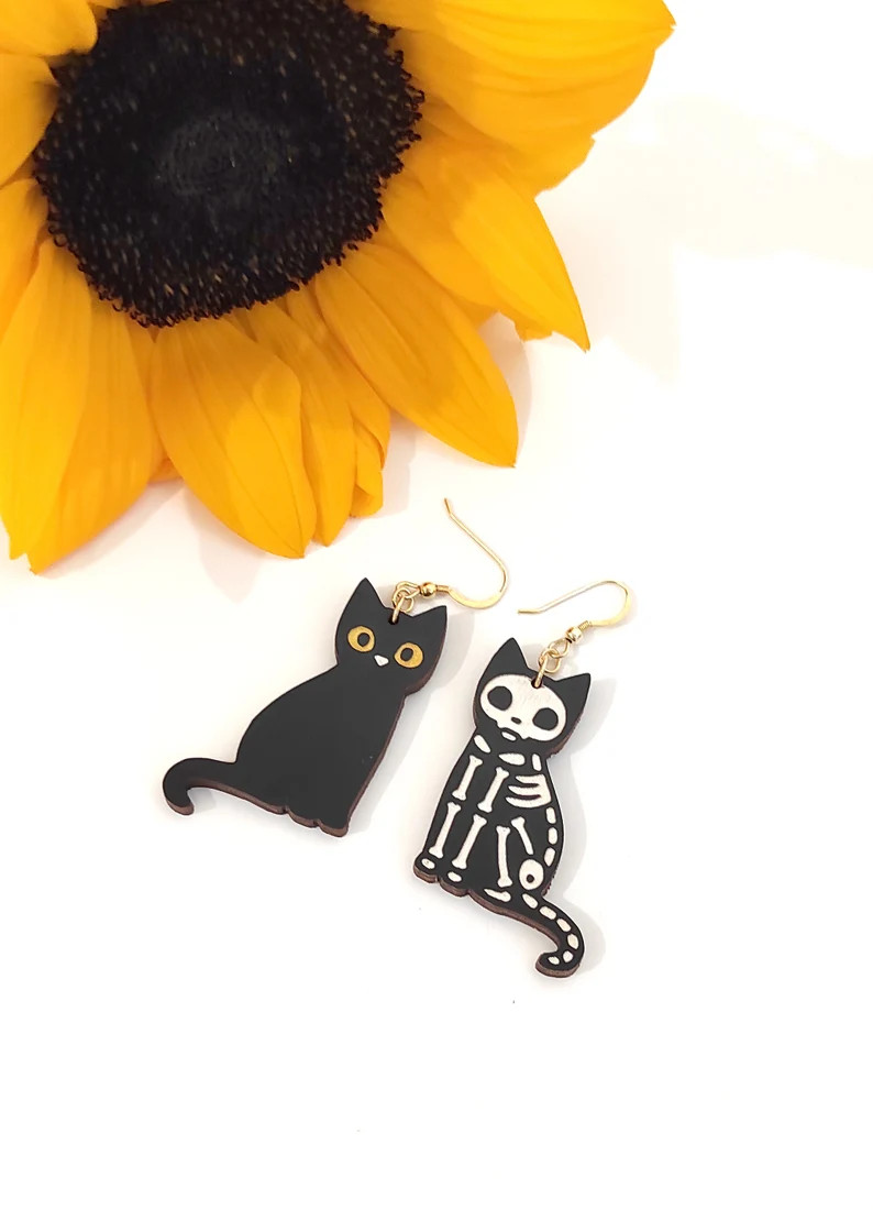 Halloween Skeleton Cat Black Cat Dangle Earrings Hand - Etsy | Etsy (US)