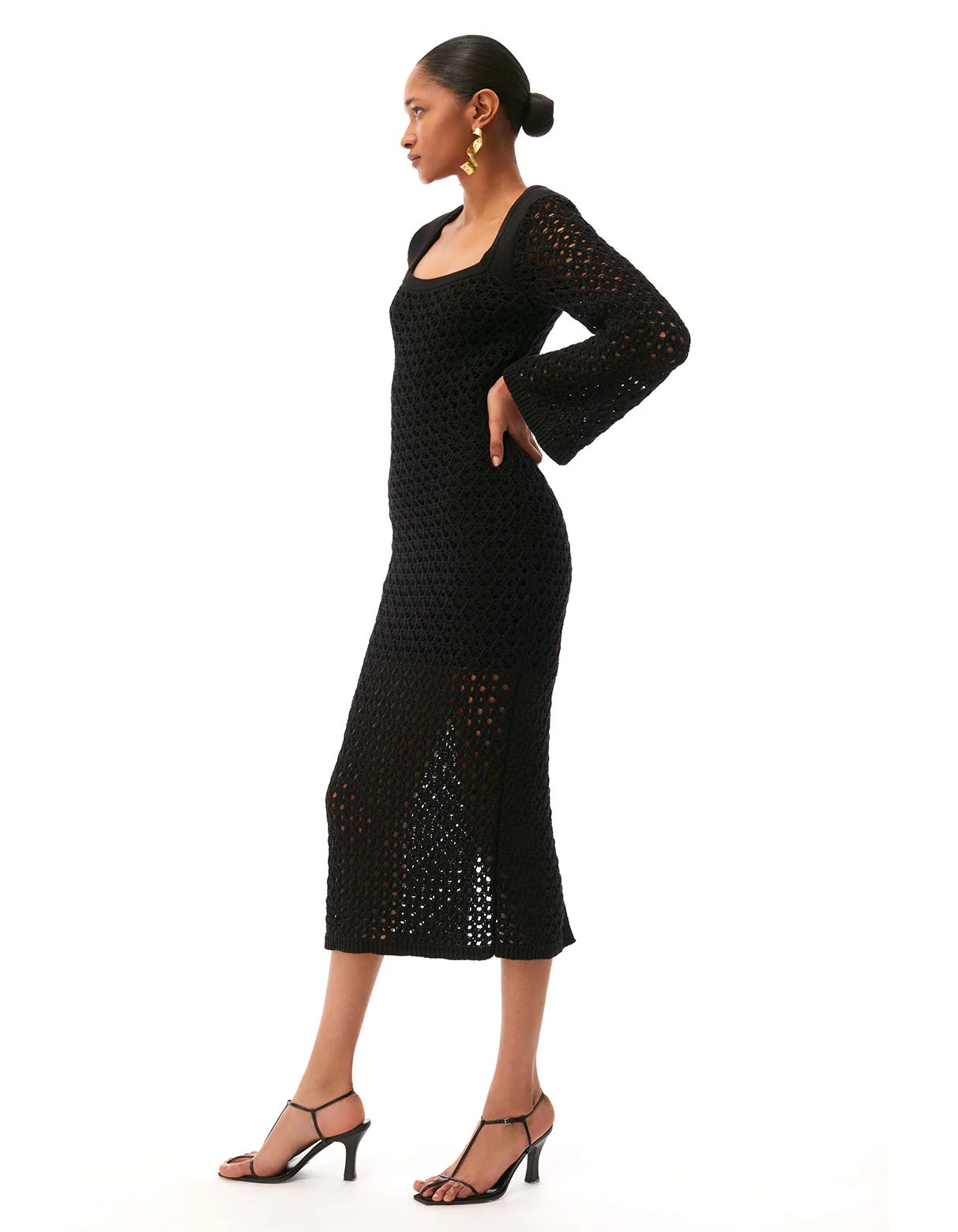 Renee Long Sleeve Midi Crochet Dress Black | Toccin