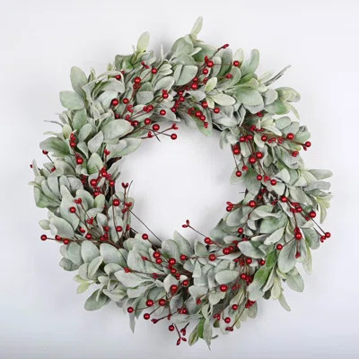24" Artificial Farmhouse Lambs Ear Berry Christmas Day Decor Winter Wreath For Front Door | Wayfair North America