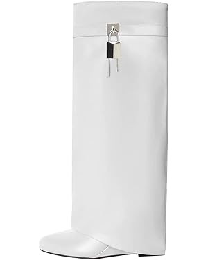 Arqa Fold Over Knee High Boots for Women Covered Wedge Heel Padlock Boot Almond Toe Wide Calf Pul... | Amazon (US)