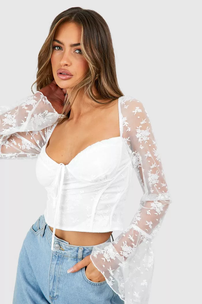 Lace Frill Sleeve Corset Top | boohoo (US & Canada)