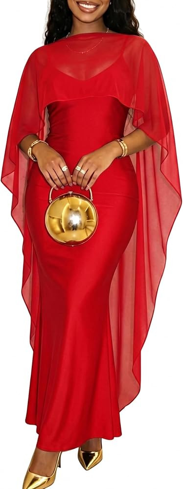 Women\u2019s Adjustable Strap V Neck Bodycon Maxi Long Dress with Chiffon Cape | Amazon (US)