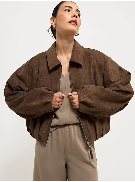 Suedette Bomber Jacket Jersey Top and Joggers Outfit | George