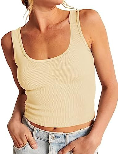 Artfish Women's Scoop Neck Sleeveless Knit Ribbed Fitted Casual Crop Tank Top | Amazon (US)