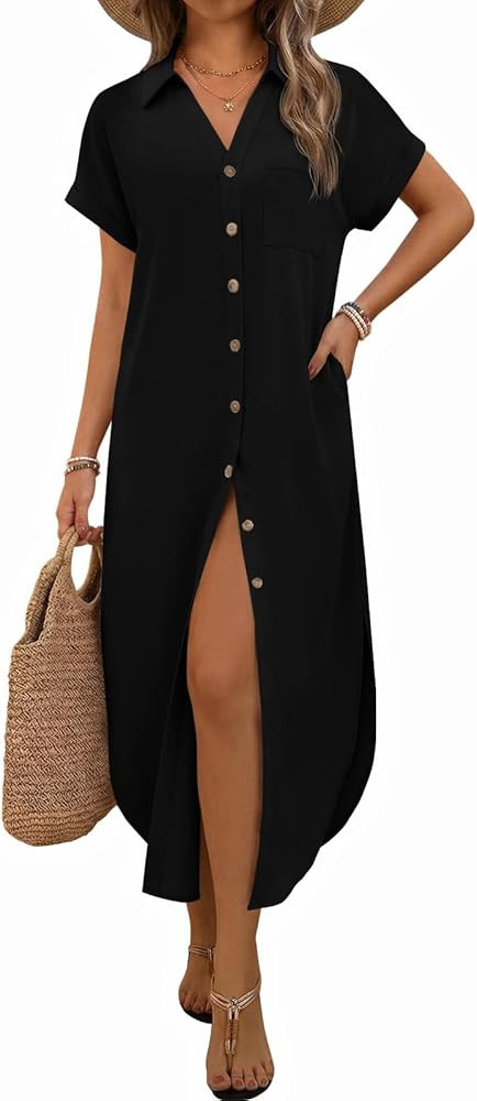 Yousify Summer Dresses for Women 2026 Casual Short Sleeve Button Down Maxi Dress Beach Cover Ups ... | Amazon (US)