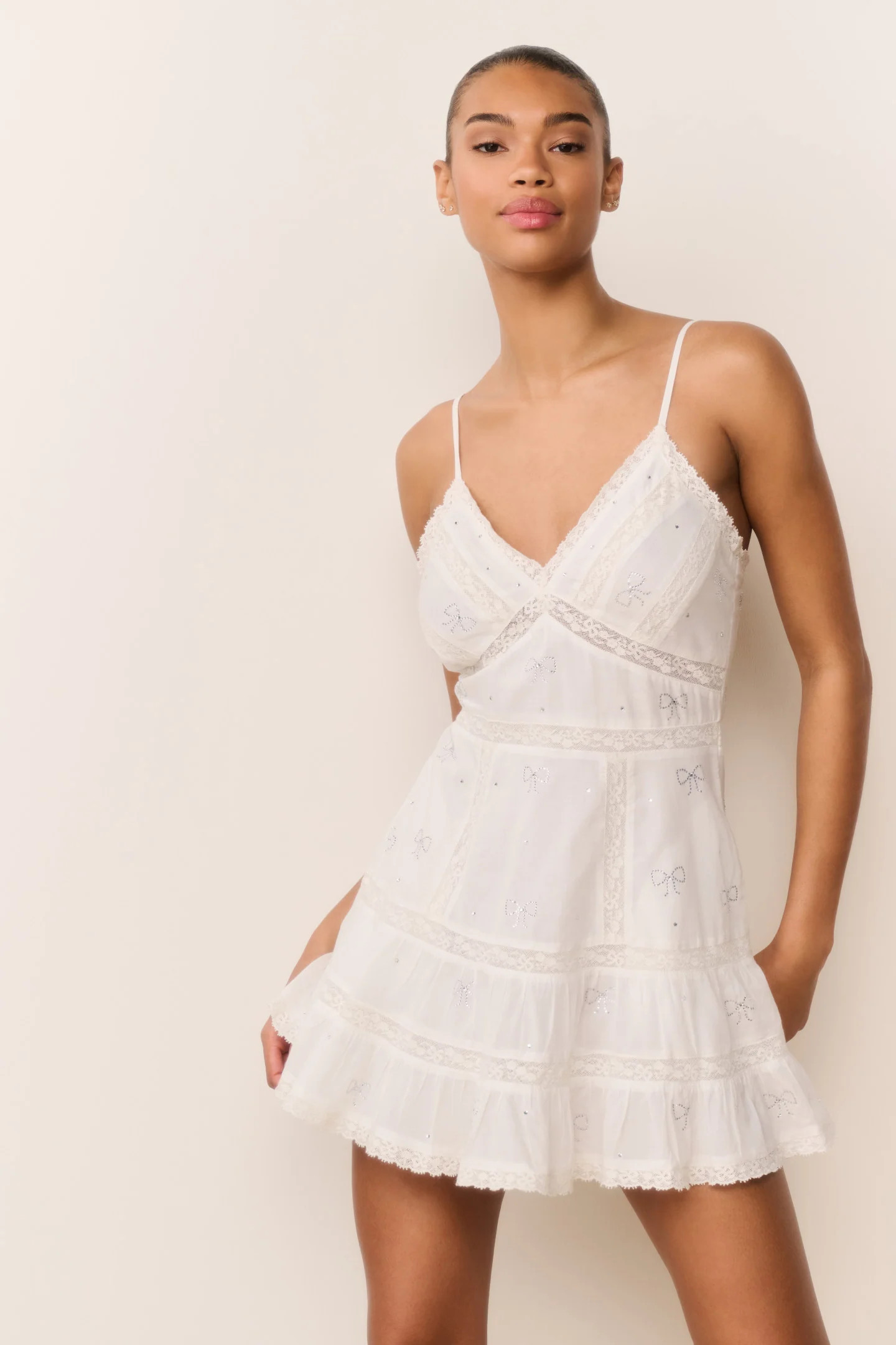 Solbina Crystal Bow Cotton Mini Dress | LoveShackFancy