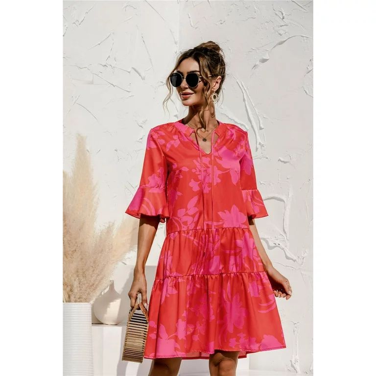 QINCAO Women Dresses Summer Dress V-Neck Short Sleeve T-Shirt Dress Babydoll Ruffles Casual Mini ... | Walmart (US)