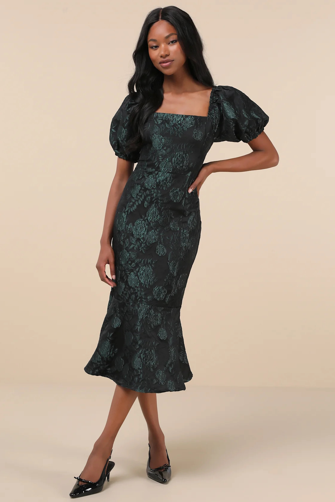 Majorly Fabulous Black and Emerald Trumpet Midi Dress | Lulus