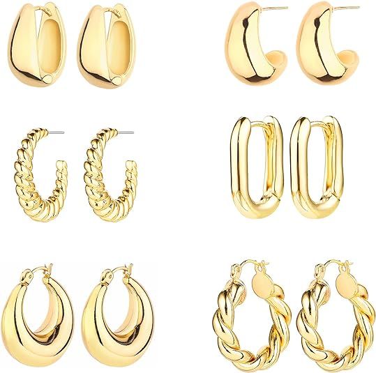 6 Pairs 14K Gold Hoop Earrings for Women Lightweight Chunky Hoop Earrings Multipack Hypoallergeni... | Amazon (US)