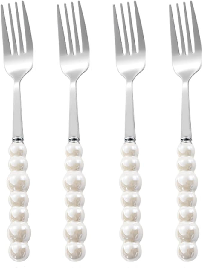 Stainless Steel Forks, Ceramic Handle Forks, Korean Dessert Fork with Imitation Pearl Handle, 7.5... | Amazon (US)