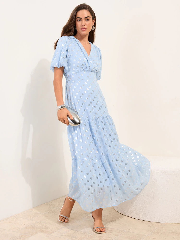 Friends Like These Pale Blue Polka Dot Metallic Short Sleeve Midi Dress | Next US