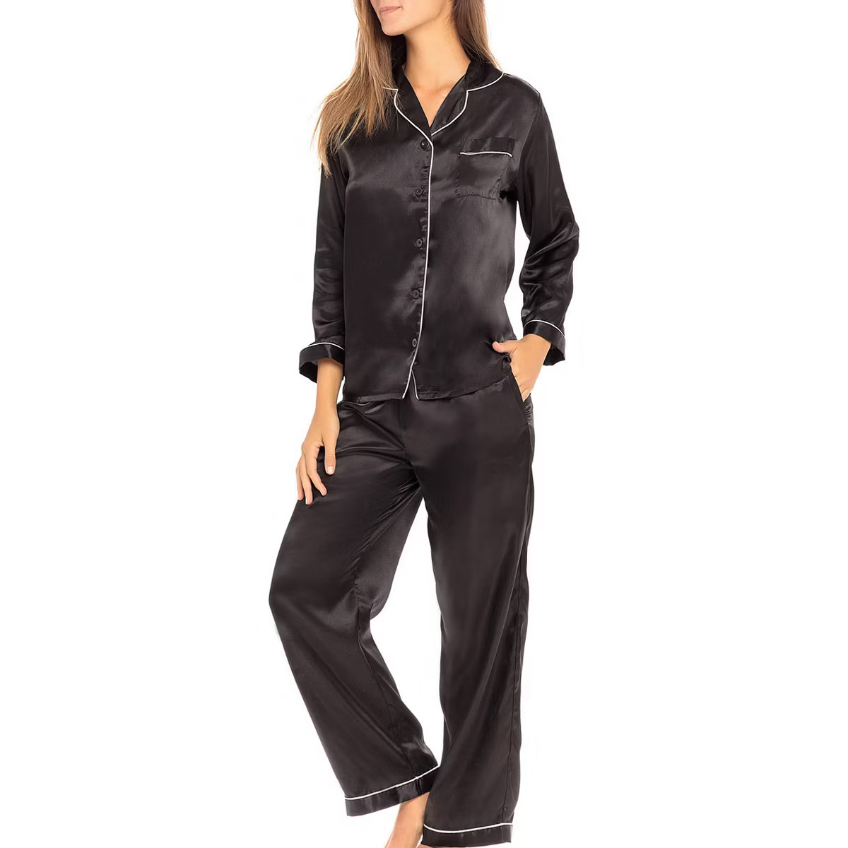 Women's Classic Satin Pajamas Lounge Set, Long Sleeve Top and Pants with Pockets, Silk like PJs w... | Target