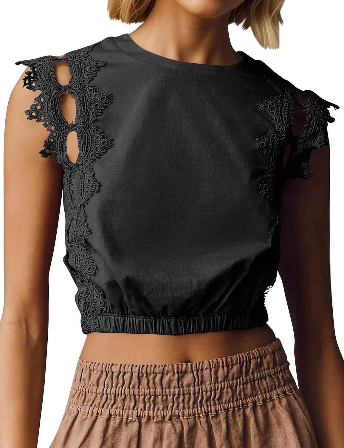 Ythomm Womens Lace Trim Cutout Bubble Tops Crew Neck Eyelet Crop Tank Tops Trendy Hollow Out Boho Summer Sleeveless Tops | Amazon (US)