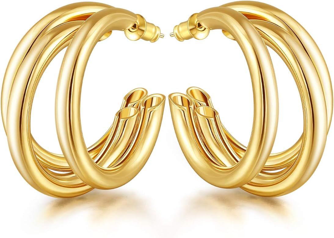 Amazon.com: EASYSO 14K Gold Plated Hoop Earrings, Lightweight Chunky Open Hoops Hypoallergenic Ea... | Amazon (US)