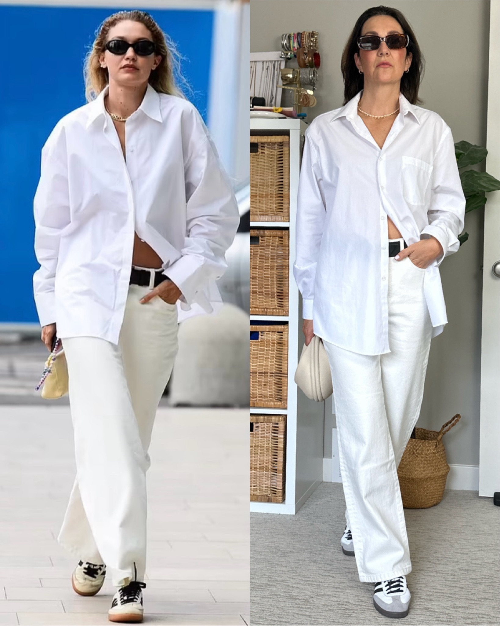 Pinterest inspired all white spring outfit! 
I’m 5’ 7” wearing my usual size 27 in these creamy white straight leg jeans and my button up shirt is a men’s size 16” neck 32-33” sleeves. Best part is it’s wrinkle resistant, I don’t iron it!
Also linked my Sambas, I’m size 7.5 and I get these in a men’s 6 (same as women’s 7) and I also linked black laces you can use to get this look, it totally changes the shoes! Get the 45” length for sneakers.
Also linked my bag that can be worn several ways, my sunnies and a similar belt, mine is old.


#LTKshoecrush #LTKstyletip #LTKitbag