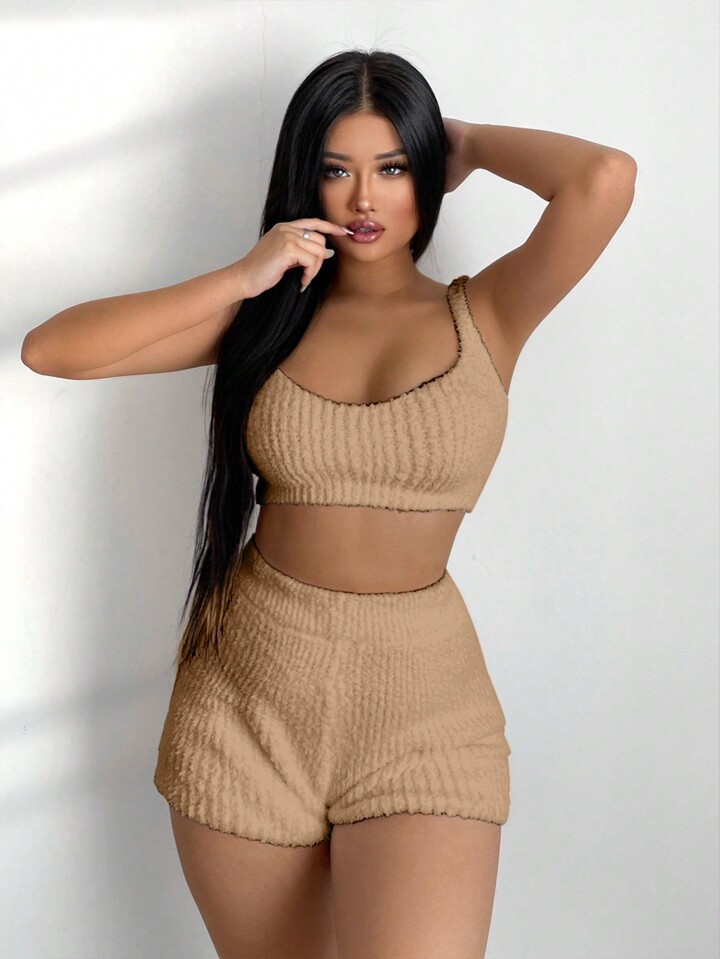 SHEIN SXY Cropped Fuzzy Tank Top And Shorts Two-Piece Set | SHEIN