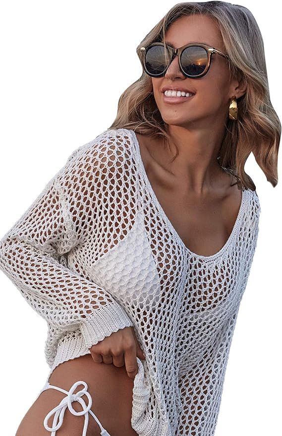 Floerns Women's Bathing Suit Scoop Neck Long Sleeve Crochet Beach Cover Up | Amazon (CA)