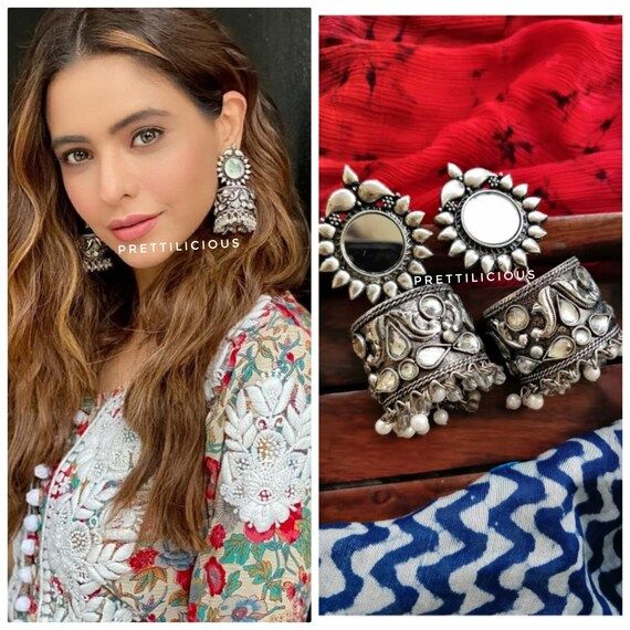 Afghani Mirror Jhumkas, Oxidised Earrings, Statement Jewelry, German Silver Earrings, Indian Jewe... | Etsy (US)