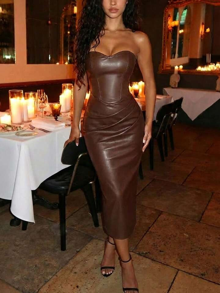 SHEIN MOD Women's Brown Pleated Fitted PU Bodycon Dress,Party Dress, Formal Dresses,Date Night Dress,Valentine's Day , Elegant Dresses ,Vacation Outfits,Country Concert Outfit, Coffee Brown Dress, Brown Sexy Dress, Brown Dresses Classy Elegant,Valentine Outfits For Women,Spring Break Outfits,Date Night Dress Chocolate Brown Dress | SHEIN