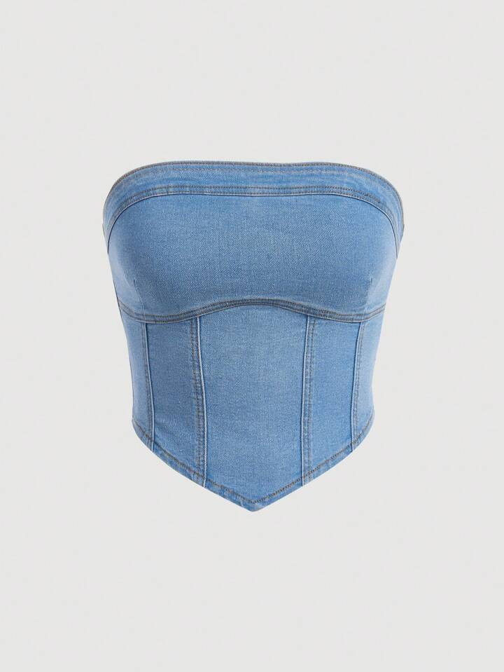 SHEIN EZwear Women's Denim Zip-up Corset Back Top | SHEIN