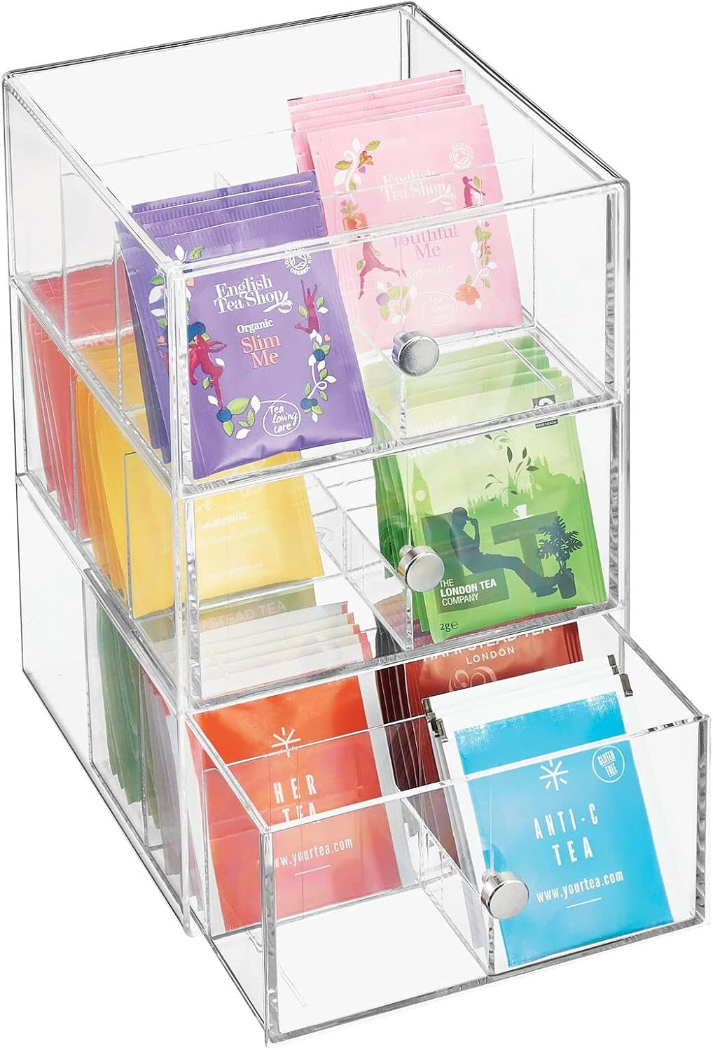 mDesign Plastic Wide Kitchen Pantry, Cabinet, Countertop Organizer Storage Station with 3 Drawers for Coffee, Tea, Sugar Packets, Sweeteners, Creamers, Drink Pods, Packets; 18 Sections - Clear | Amazon (US)
