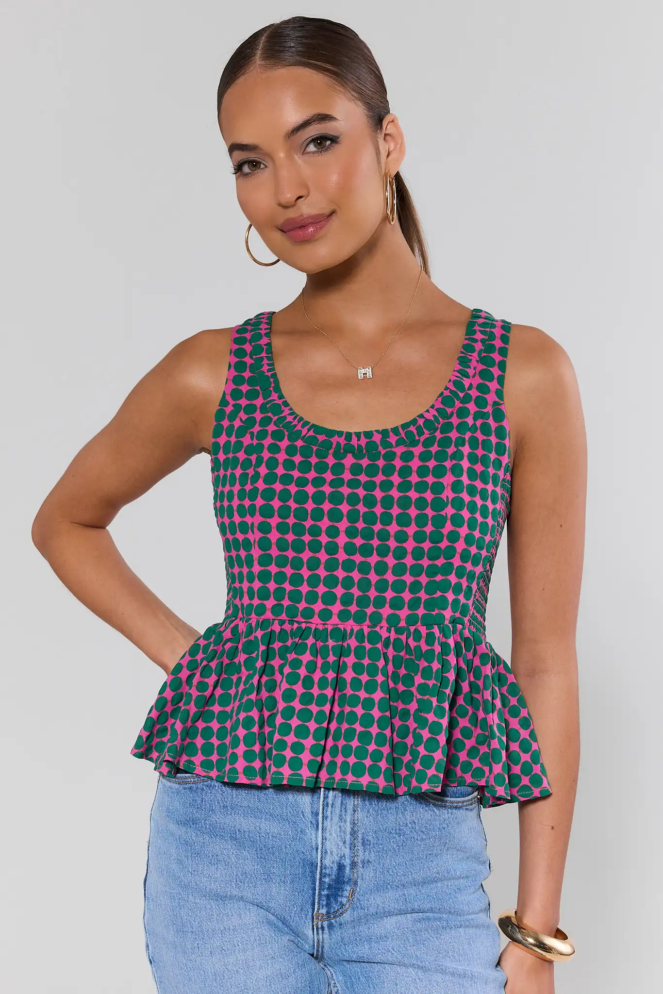 Pink Polka Dot Peplum Tank Top | Avara