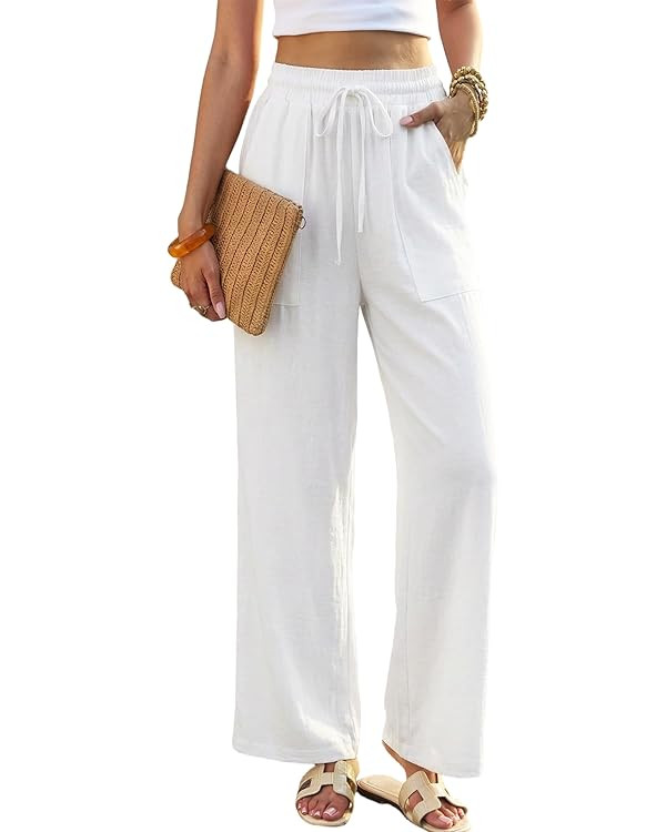 Womens Wide Leg Pants Flowy High Waist Palazzo Drawstring Trousers with Pockets Summer Beach Vaca... | Amazon (US)