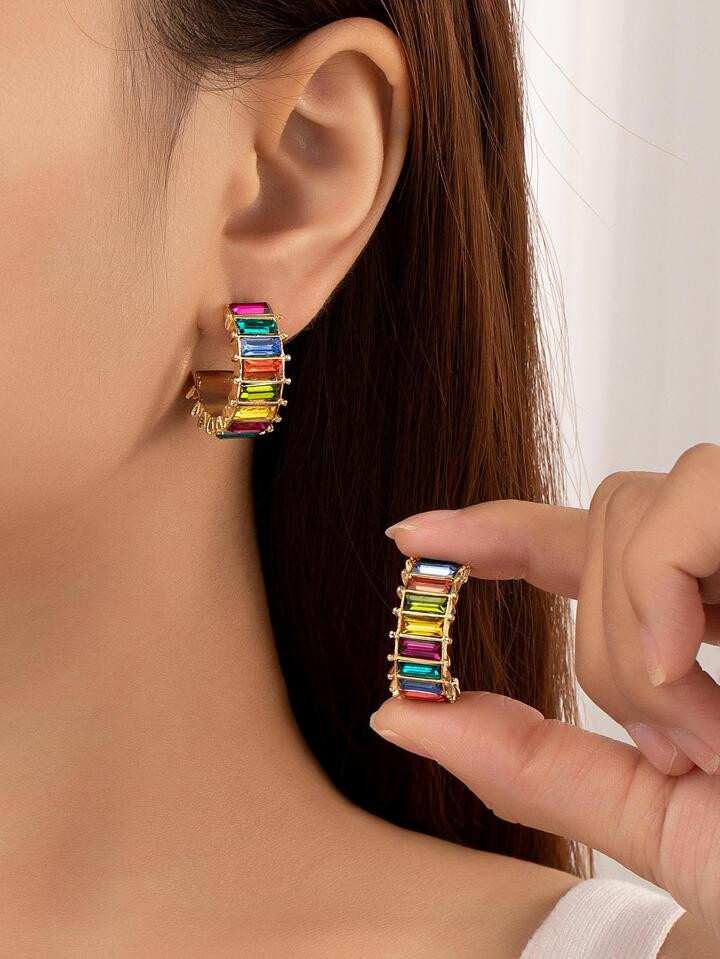 1pair Exquisite Colorful Geometric Rhinestone C Shape Hoop Earrings For Women For Daily Decoratio... | SHEIN