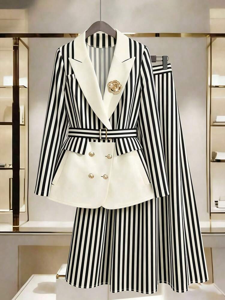 SHEIN Clasi Plus Size Women's Spring/Summer Classic Striped Patchwork Design Business Fashion Lon... | SHEIN