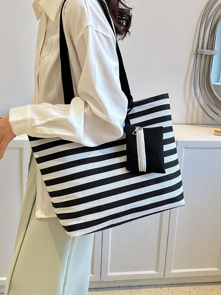 Striped Pattern Shopper Bag With Coin Purse For Shopping | SHEIN