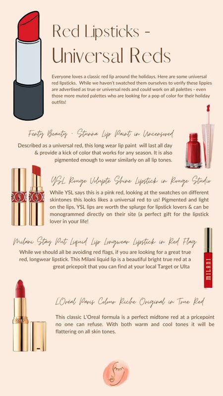 Universal red lipsticks. True red lipsticks. Red lips  

#LTKfindsunder50 #LTKHoliday #LTKbeauty