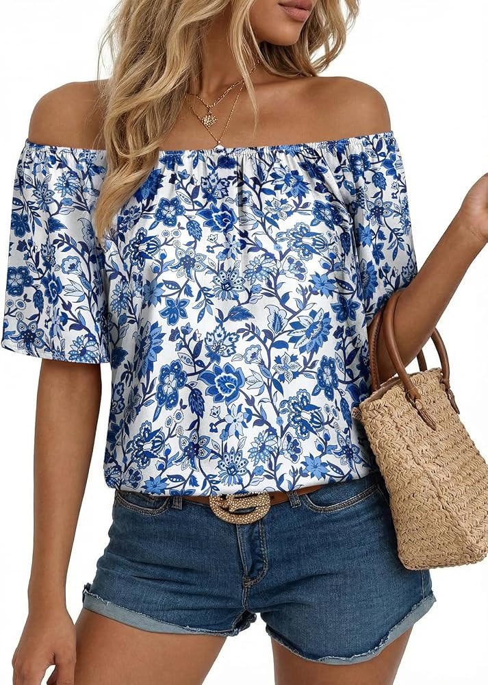 SHEWIN Off Shoulder Bohemia Tops for Womens Blouses Summer Tops Floral Printed Short Sleeve Shirt... | Amazon (US)