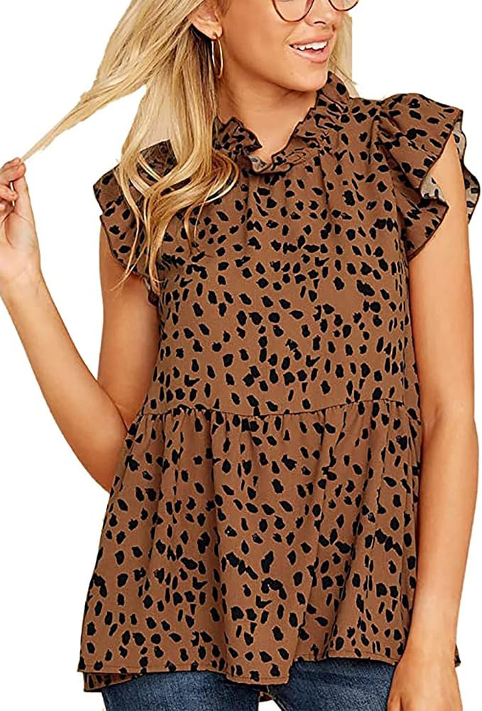 KIRUNDO Summer Women’s Tunic Tops Ruffle Neck Cap Sleeves Shirts Floral Print Loose Babydoll Ta... | Amazon (US)