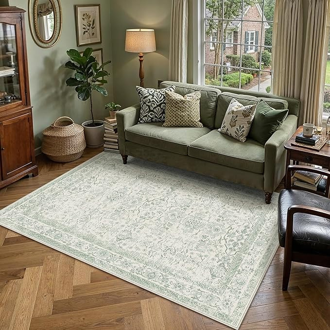 HUGEAR Area Rug 6x9 Retro Light Green Machine Washable Living Room Rugs Distressed Vintage Floral... | Amazon (US)