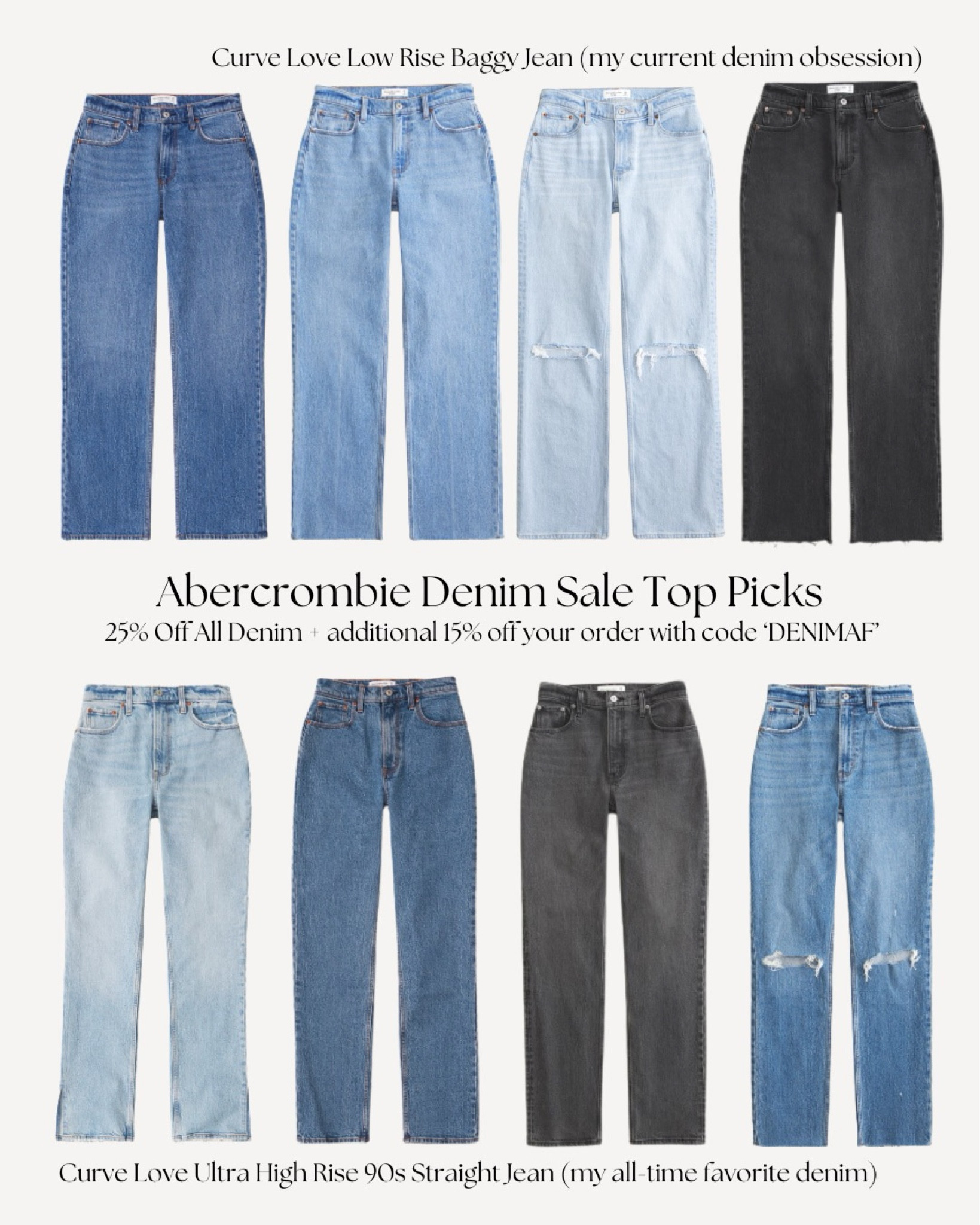 Once you start wearing A&F denim you’ll never go back! The most comfortable jeans, so many styles and tons of washes. My current obsession is with the loose, low-rise cuts but I’ll always love the 90s fits the most! They have a 90s straight and 90s relaxed and both are amazing - slim fit through the waist and butt which is super flattering, and then roomy through the legs. Don’t forget to use code DENIMAF for an additional 15% off!!

#LTKSpringSale #LTKfindsunder100