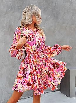 Prettywear 2023 Summer Womens Floral Short Mini Dress Lantern Long Sleeve Button Up Tie Waist Boh... | Amazon (US)