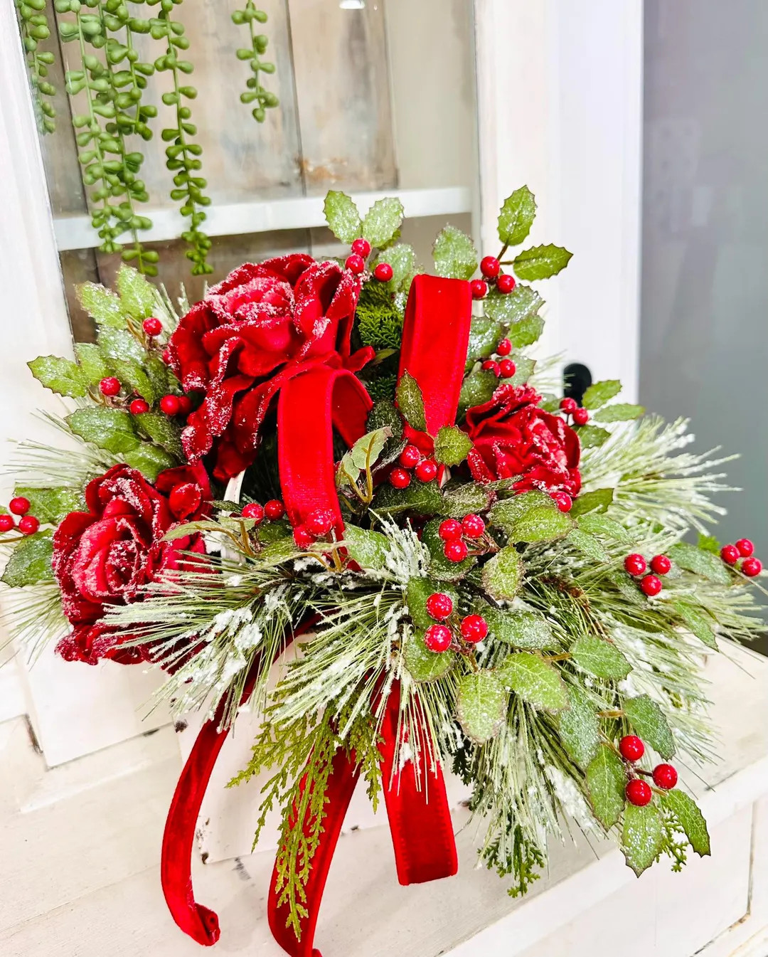 Red Rose Christmas Centerpiece With Velvet Ribbon and Greenery | Holiday Dining Table Floral Arra... | Etsy (US)
