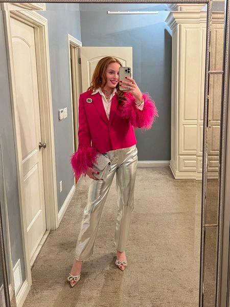 Last night’s dinner outfit. 💗 Jacket is from Zara, wearing medium (true to size). Pants are from Abercrombie & Fitch wearing 28(6) which is true to size for me. 

Abercrombie & fitch - feather style - bow heels - holiday style - NYE - brooch - Gucci - Gucci brooch - Steve Madden - Zara - blazer - silver vegan leather pants - metallic pants - trending - going out - date night - Valentine’s Day - special occasion - special event - dinner party - New Year’s Eve - birthday outfit - party style - party outfit - 

#LTKSeasonal #LTKshoecrush #LTKparties