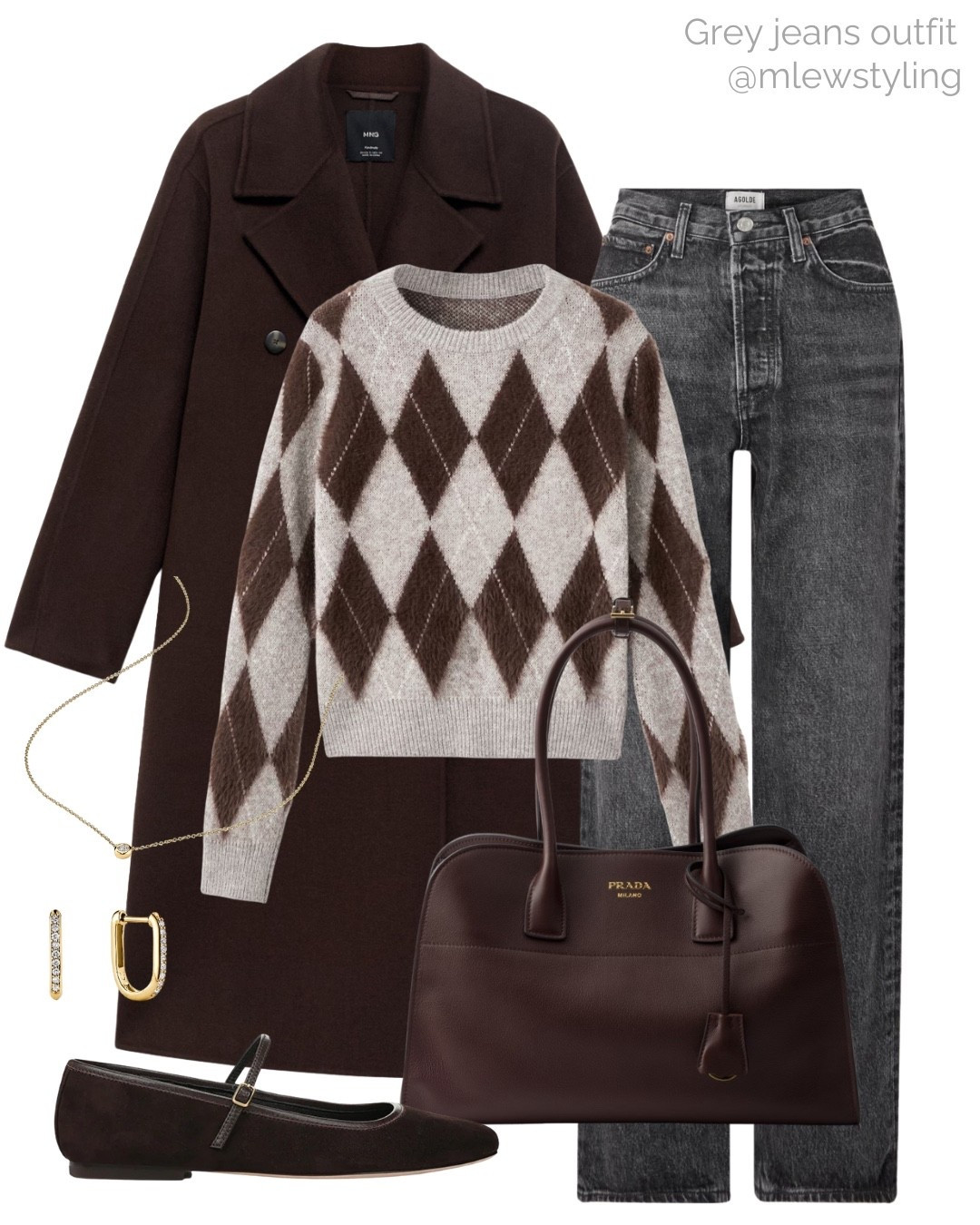 Autumn outfit with grey jeans 🩶

Tags: mango wool coat, argyle sweater, agolde denim, brown suede ballet flats, Prada brown leather tote bag, gold necklace, casual workwear, fall office outift 

#LTKWorkwear #LTKItBag #LTKShoeCrush